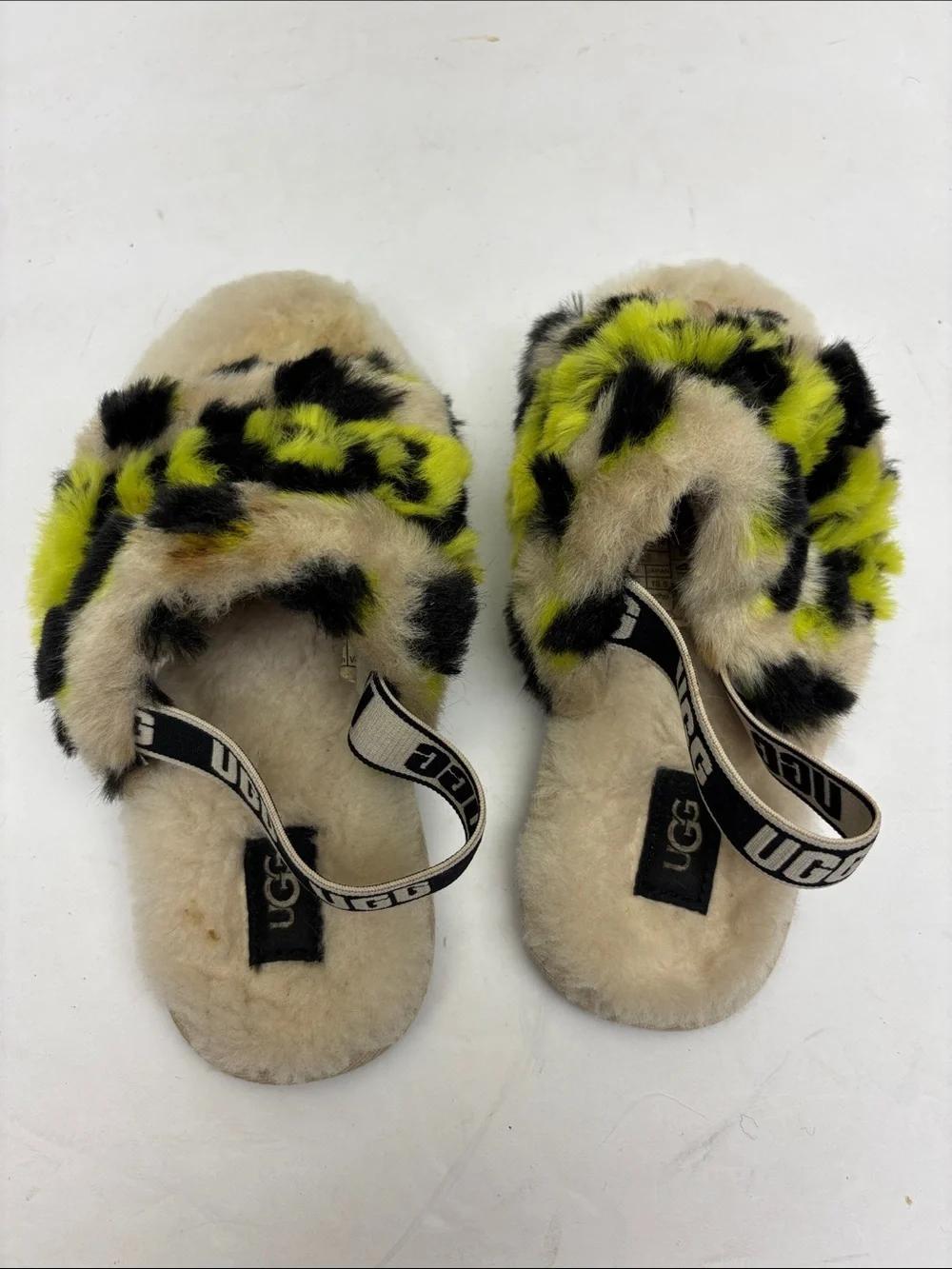 UGG Kids' Neon Leopard Print Fluff Slippers - Lime/Black, SZ 12 toddler, box 72
